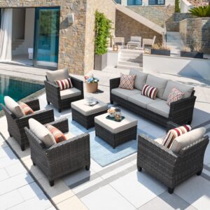 ovios Patio Furniture Set, 7 Pieces Outdoor Wicker Rattan Sofa Couch with 4 Chairs, Ottomans and Comfy Cushions, All Weather High Back Conversation Set Garden Backyard, Beige