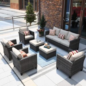 ovios Patio Furniture Set, 7 Pieces Outdoor Wicker Rattan Sofa Couch with 4 Chairs, Ottomans and Comfy Cushions, All Weather High Back Conversation Set Garden Backyard, Beige