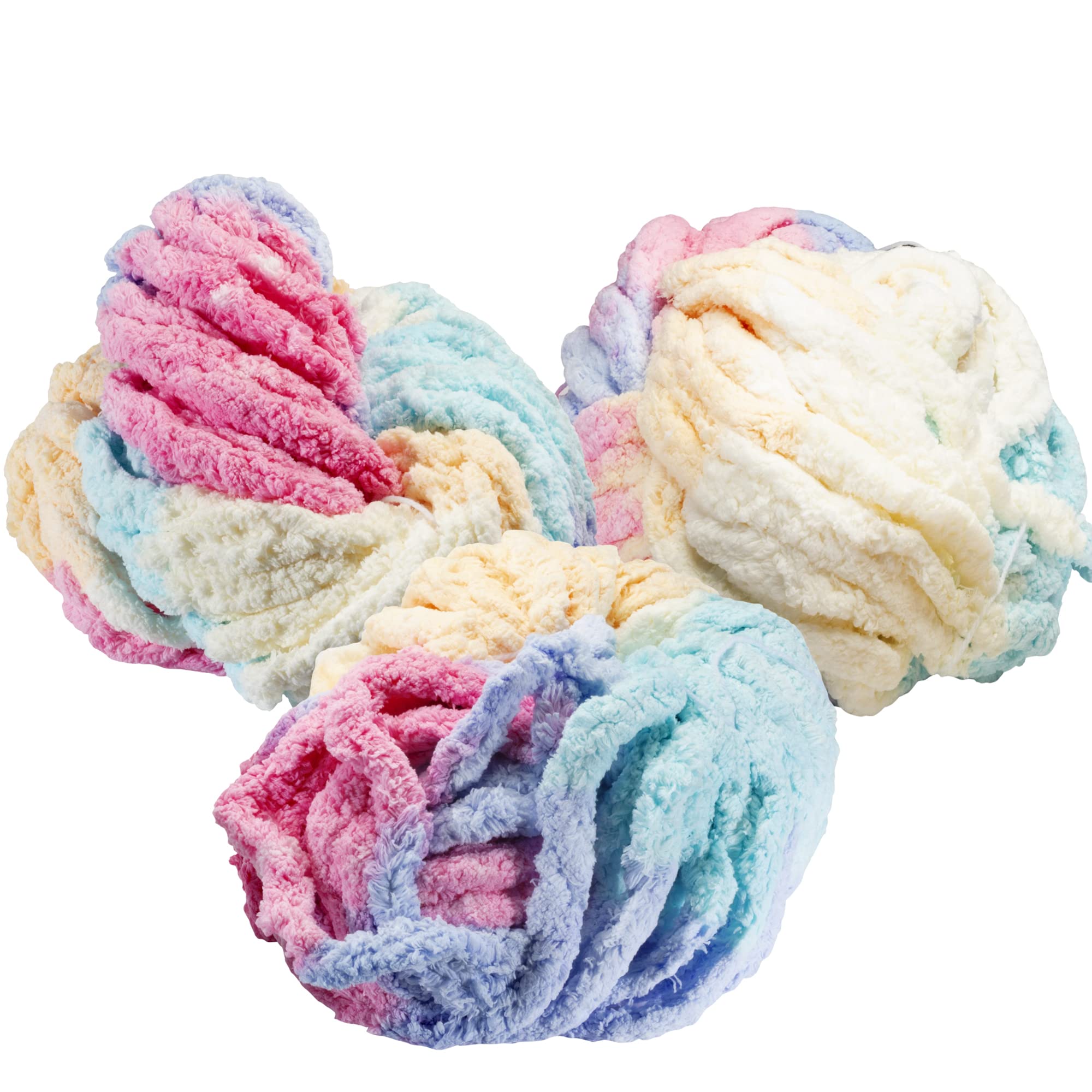 iDIY Chunky Yarn 3 Pack (24 Yards Each Skein) - Rainbow Multi Color - Fluffy Chenille Yarn Perfect for Soft Throw and Baby Blankets, Arm Knitting, Crocheting and DIY Crafts and Projects!