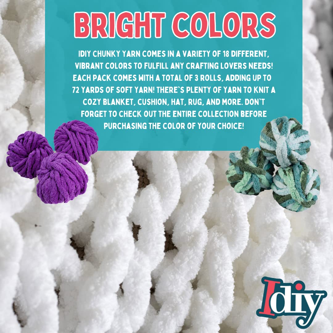 iDIY Chunky Yarn 3 Pack (24 Yards Each Skein) - Rainbow Multi Color - Fluffy Chenille Yarn Perfect for Soft Throw and Baby Blankets, Arm Knitting, Crocheting and DIY Crafts and Projects!