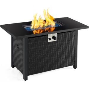 yaheetech 43 inch outdoor fire pit table 50,000 btu gas fire pit with tempered glass tabletop, rattan wicker base and fire glass stones for patio/garden/party, outdoor heating, rain cover, black