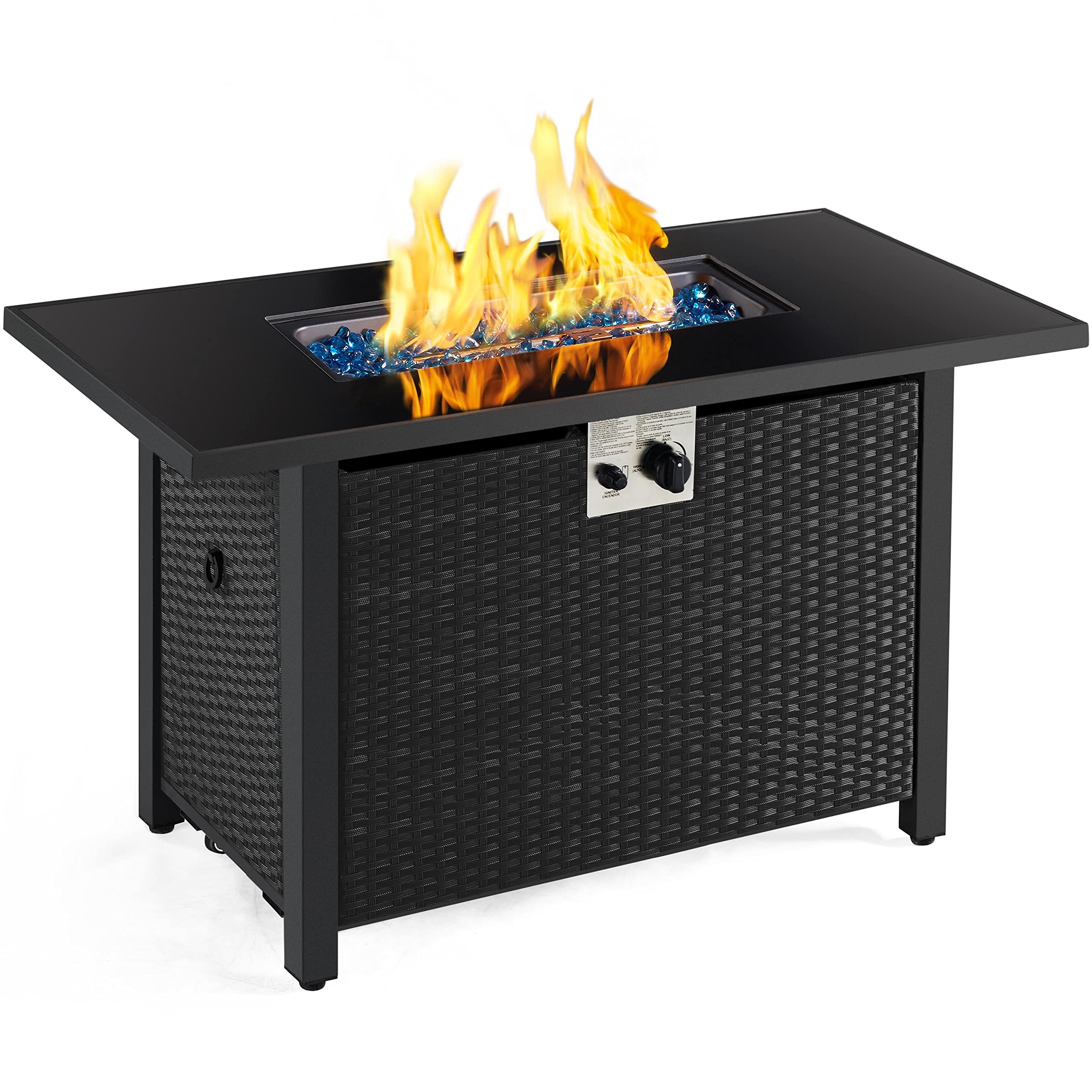 Yaheetech 43 inch Outdoor Fire Pit Table 50,000 BTU Gas Fire Pit with Tempered Glass Tabletop, Rattan Wicker Base and Fire Glass Stones for Patio/Garden/Party, Outdoor Heating, Rain Cover, Black