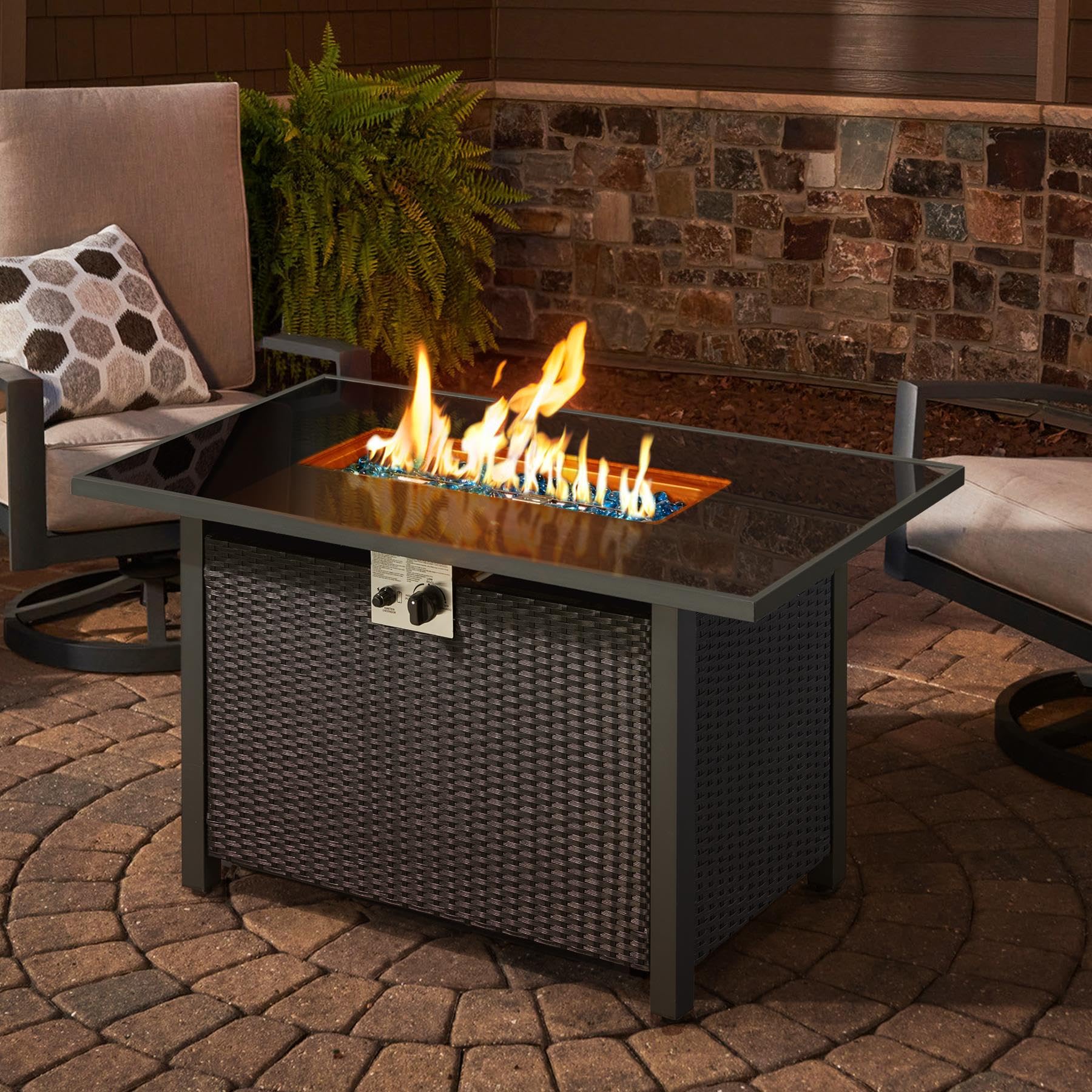 Yaheetech 43 inch Outdoor Fire Pit Table 50,000 BTU Gas Fire Pit with Tempered Glass Tabletop, Rattan Wicker Base and Fire Glass Stones for Patio/Garden/Party, Outdoor Heating, Rain Cover, Black