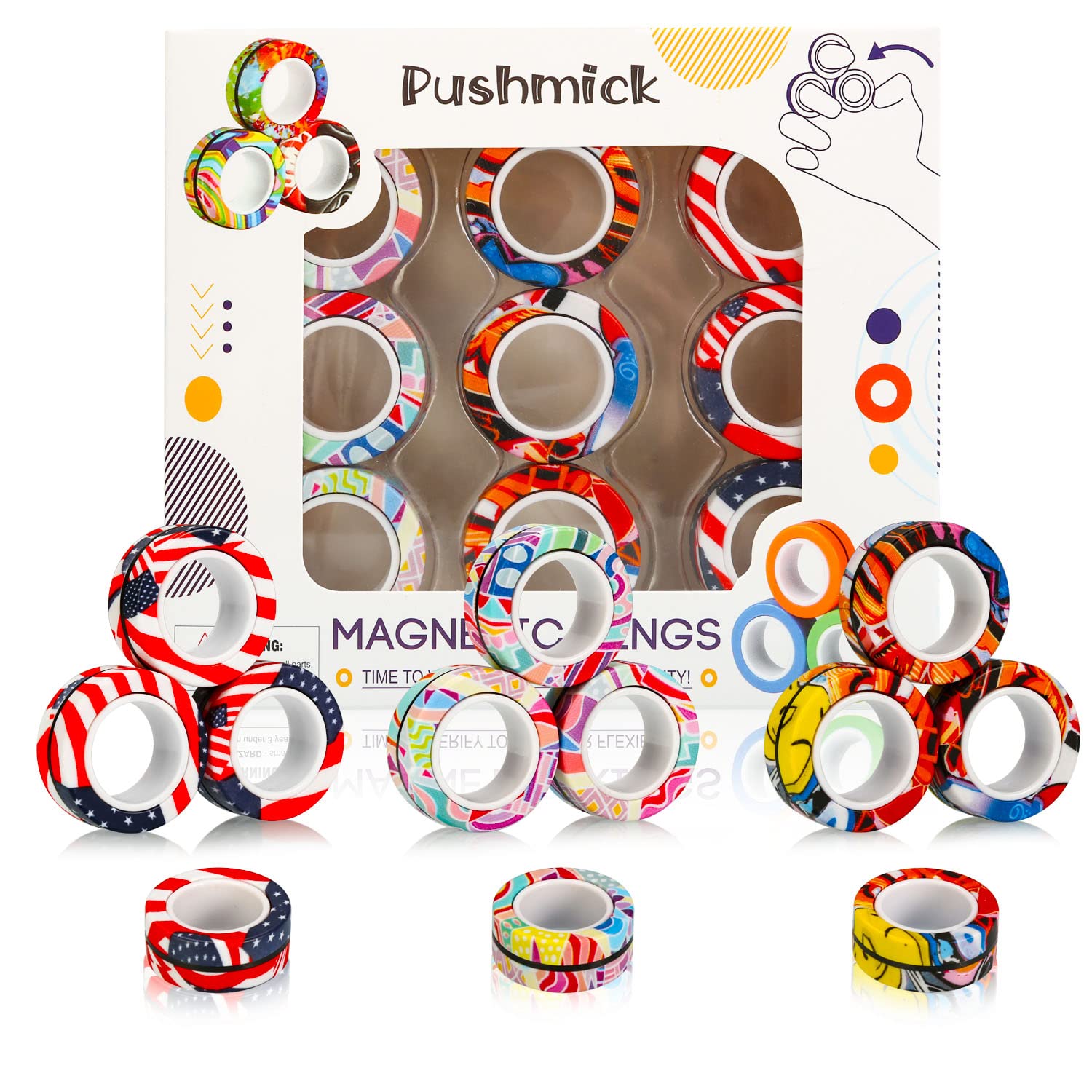 Pushmick 9 Pcs Finger Magnetic Rings Fidget Toys, Colorful Magnet Rings, Great Fidget Rings for Training Relieves Reducer Autism Anxiety.