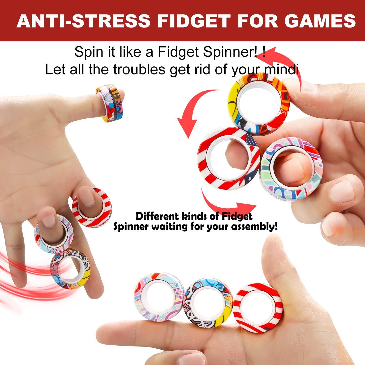 Pushmick 9 Pcs Finger Magnetic Rings Fidget Toys, Colorful Magnet Rings, Great Fidget Rings for Training Relieves Reducer Autism Anxiety.