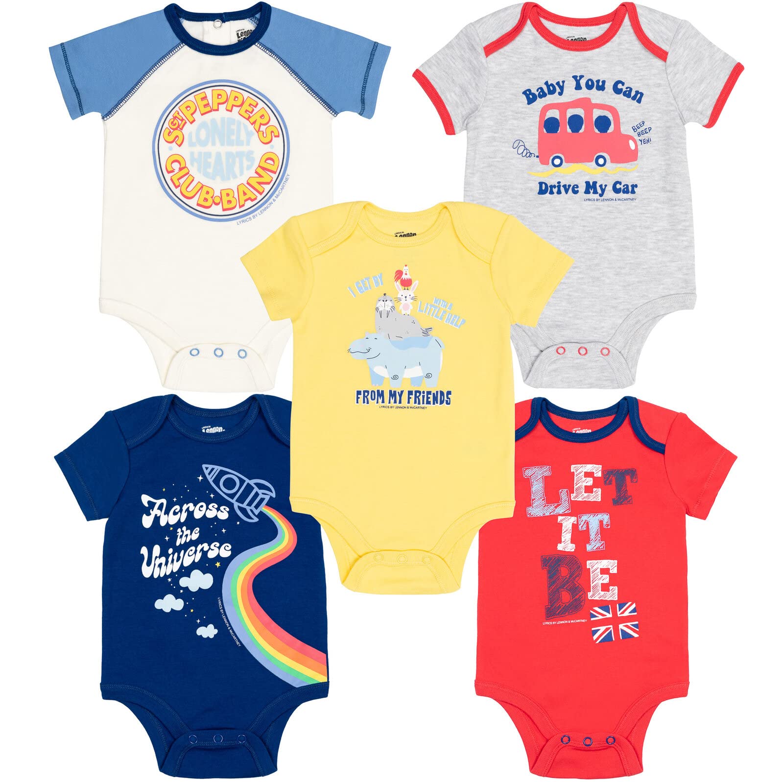 Lyrics by Lennon and McCartney Newborn Baby Boys 5 Pack Bodysuits Yellow/Red/Blue Newborn