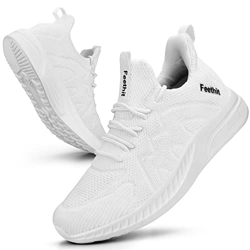 Feethit Running Shoes for Women Non Slip Walking Tennis Shoes Slip on Work Gym Fashion Sneakers White 5.5