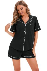 lubot 100% cotton women's pajamas set short sleeve button-down shirt pj two-piece shorts set summer night suit sleepwear loungewear (black, m)