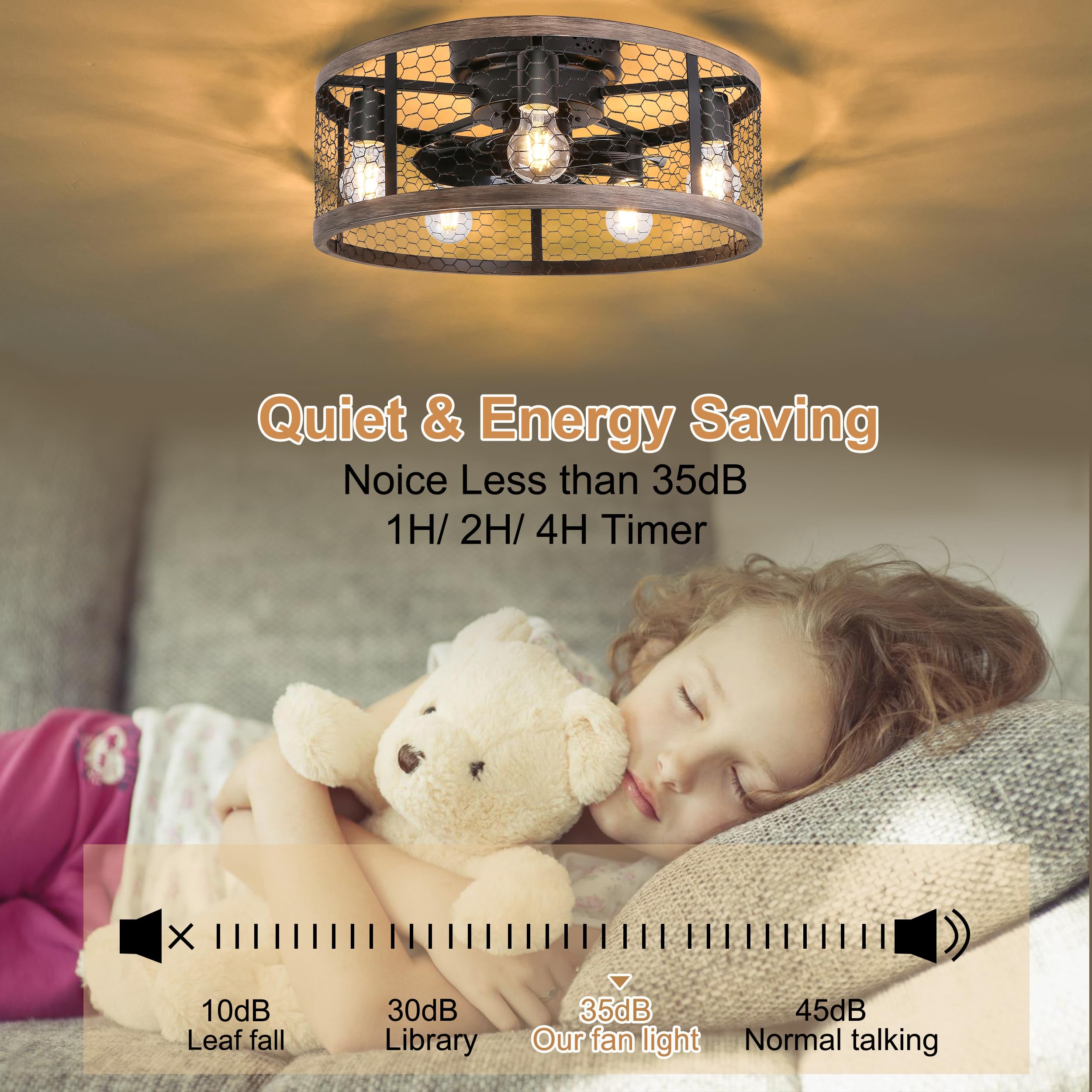 Ohniyou 20'' Flush Mount Caged Ceiling Fan with Lights Remote Control, Farmhouse Rustic Low Profile Small Vintage Enclosed Ceiling Fan Lighting Fixture Bedroom Dining Room