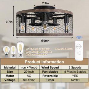 Ohniyou 20'' Flush Mount Caged Ceiling Fan with Lights Remote Control, Farmhouse Rustic Low Profile Small Vintage Enclosed Ceiling Fan Lighting Fixture Bedroom Dining Room