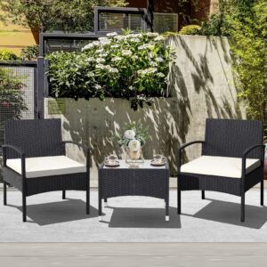 RELAX4LIFE 3-Piece Patio Furniture Set - Rattan Conversation Set, Wicker Bistro Set w/2 Chairs, Glass Coffee Table, Steel Frame, Outdoor Chairs Set for Yard Balcony, Front Porch Furniture (Beige)