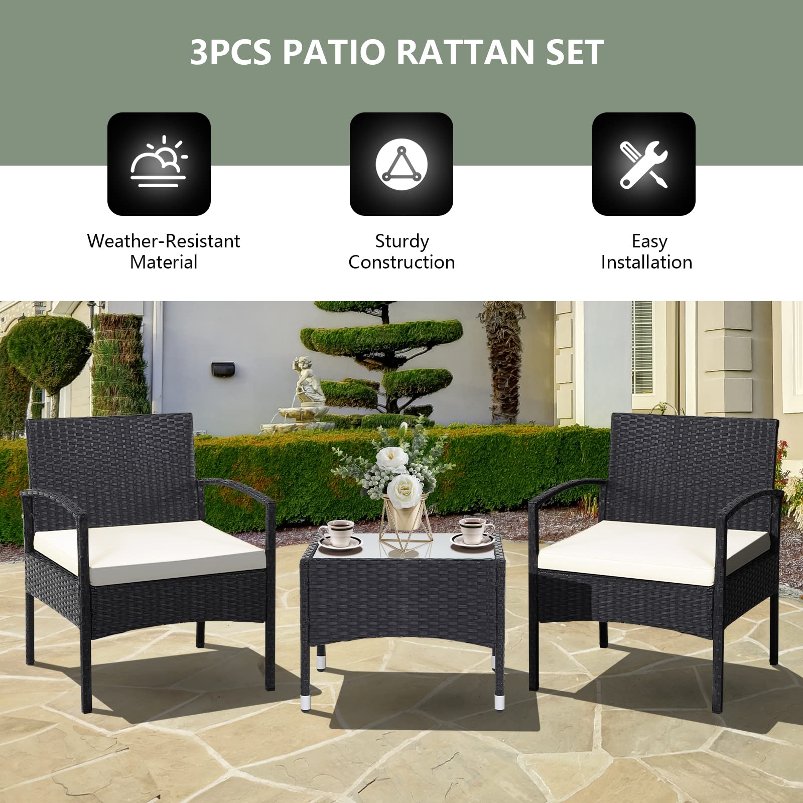 RELAX4LIFE 3-Piece Patio Furniture Set - Rattan Conversation Set, Wicker Bistro Set w/2 Chairs, Glass Coffee Table, Steel Frame, Outdoor Chairs Set for Yard Balcony, Front Porch Furniture (Beige)