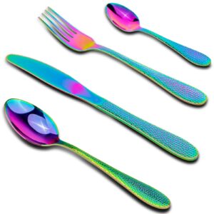 Anyagolgo Reusable Travel Utensils set with Case Stainless Steel 4pcs Steak Knife,Fork,Spoon,Coffee Spoon,for Lunch Camping School Picnic Workplace Travel Easy to Clean Dishwasher Safe(illusion-color)