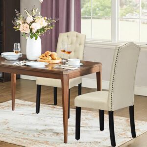 ERGOMASTER Dining Chairs Set of 4 Adjustable Parsons Chairs Anti-Slip Foot Dining-Chair Fabric Kitchen Chair with Solid Wood Legs - Beige