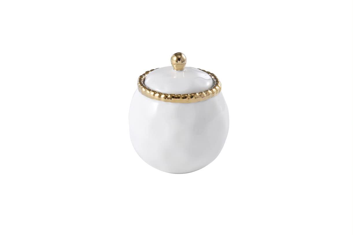 Pampa Bay Golden Salerno Porcelain Covered Sugar Bowl with Beaded Trim, White/Gold