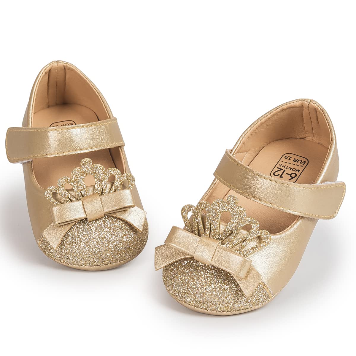 Bellocasa Baby Mary Jane Flats for Girls with Bowknot Cotton Anti Skid Sole Infant First Walker Princess Dress Crib Wedding Shoes(JY1631 Gold,2)