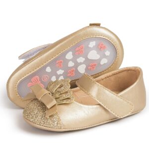 Bellocasa Baby Mary Jane Flats for Girls with Bowknot Cotton Anti Skid Sole Infant First Walker Princess Dress Crib Wedding Shoes(JY1631 Gold,2)