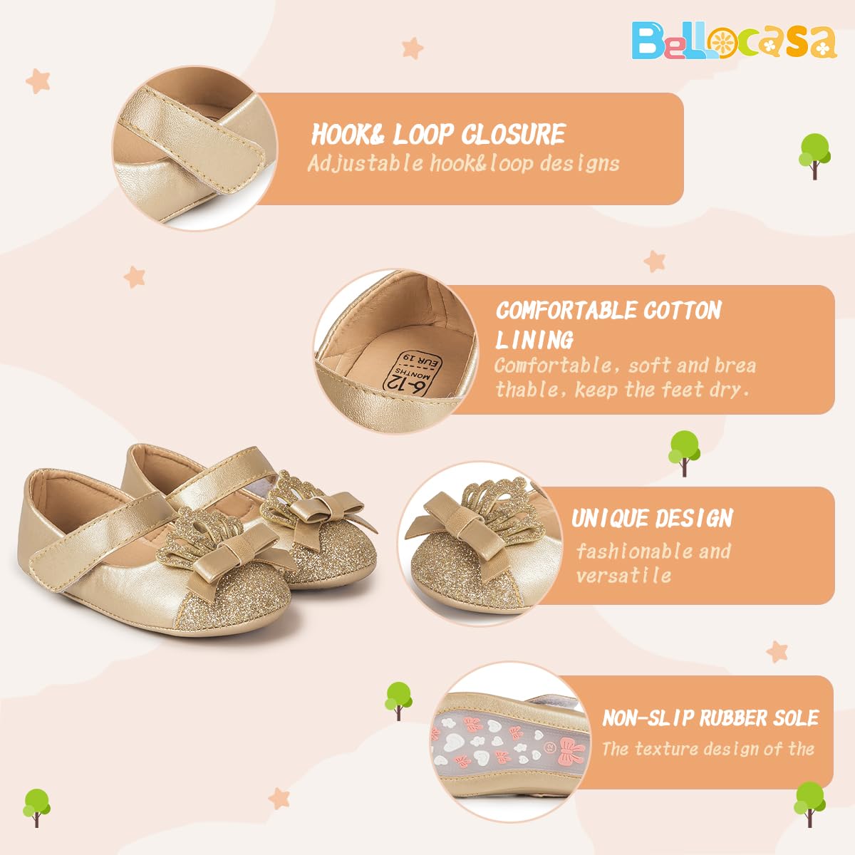 Bellocasa Baby Mary Jane Flats for Girls with Bowknot Cotton Anti Skid Sole Infant First Walker Princess Dress Crib Wedding Shoes(JY1631 Gold,2)