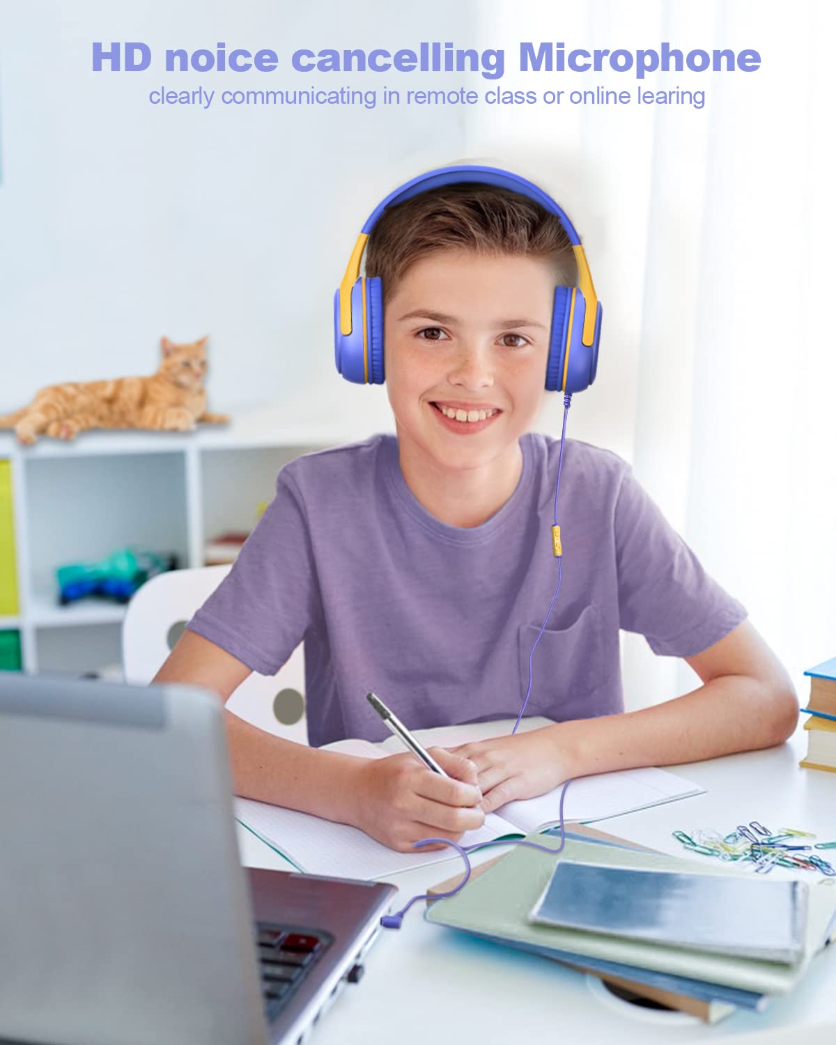 Kids Headphones Wired with Microphone for ipad Computer Laptop for Boys Girls Volume Limit Foldable Over Ear Headset for School 3.5mm Jack