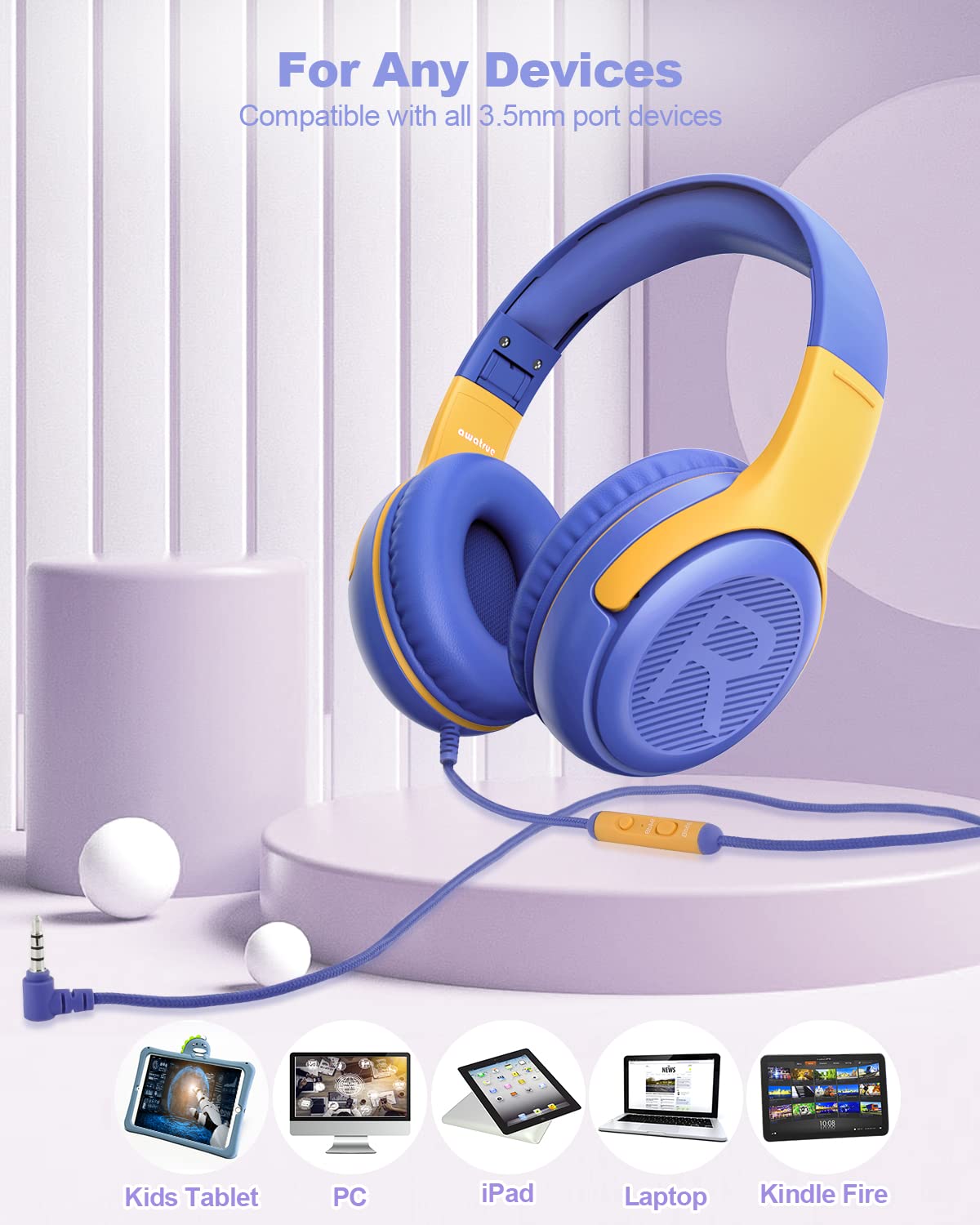 Kids Headphones Wired with Microphone for ipad Computer Laptop for Boys Girls Volume Limit Foldable Over Ear Headset for School 3.5mm Jack