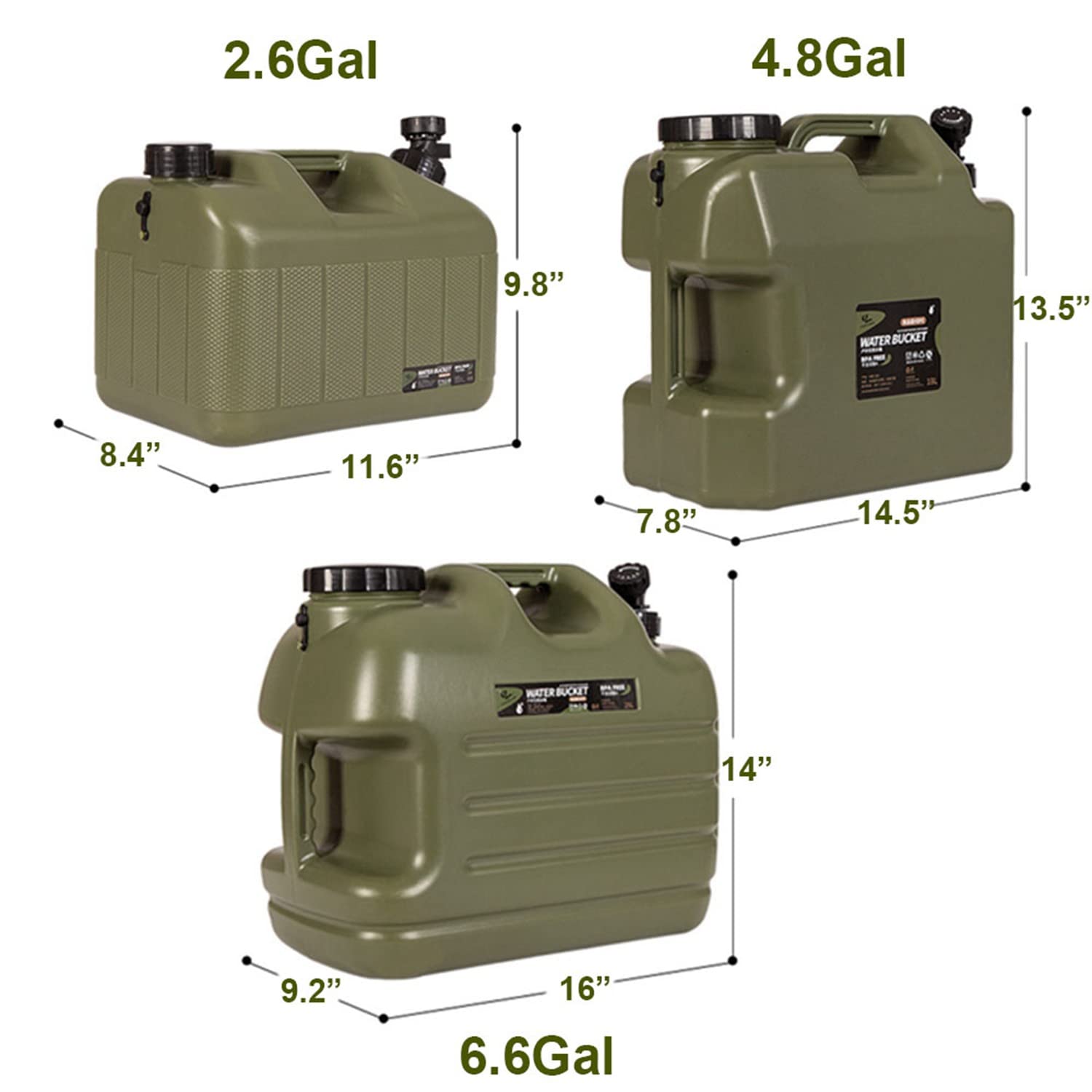 DESERT & FOX Water Container with Spigot 2.6/4.8/6.6Gal PE Water Storage Carrier Portable Green Bucket for Camping Hiking Picnic BBQ(Green 4.8Gal)