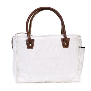 CLA Bags Sel De Mer Upcycled Canvas & Cowhide Hand/Tote Bag Radiant Leather Crossbody, Off-White, 13 Inch