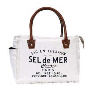 CLA Bags Sel De Mer Upcycled Canvas & Cowhide Hand/Tote Bag Radiant Leather Crossbody, Off-White, 13 Inch