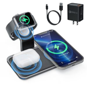 portable wireless charging station,3 in 1 15w fast wireless charger pad compatible iphone 14 13 12 11 airpods android&detachable charging dock stand compatible apple watch【qc 3.0 adapter included】