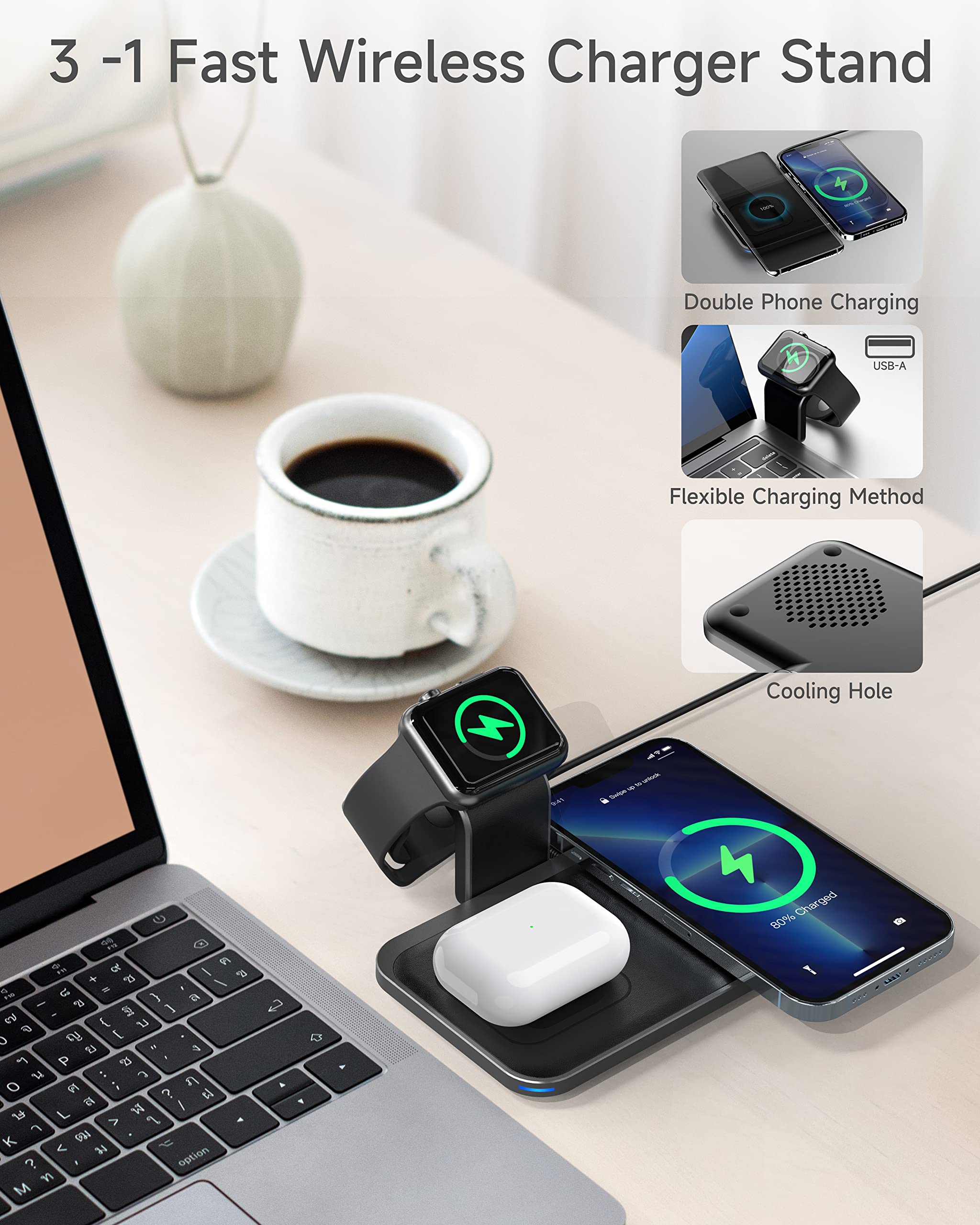 Portable Wireless Charging Station,3 in 1 15W Fast Wireless Charger Pad Compatible iPhone 14 13 12 11 AirPods Android&Detachable Charging Dock Stand Compatible Apple Watch【QC 3.0 Adapter Included】