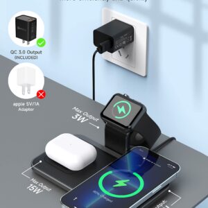 Portable Wireless Charging Station,3 in 1 15W Fast Wireless Charger Pad Compatible iPhone 14 13 12 11 AirPods Android&Detachable Charging Dock Stand Compatible Apple Watch【QC 3.0 Adapter Included】