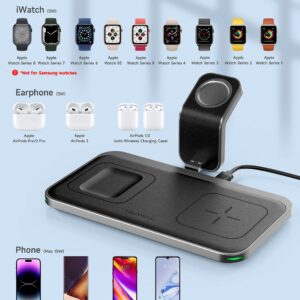 Portable Wireless Charging Station,3 in 1 15W Fast Wireless Charger Pad Compatible iPhone 14 13 12 11 AirPods Android&Detachable Charging Dock Stand Compatible Apple Watch【QC 3.0 Adapter Included】