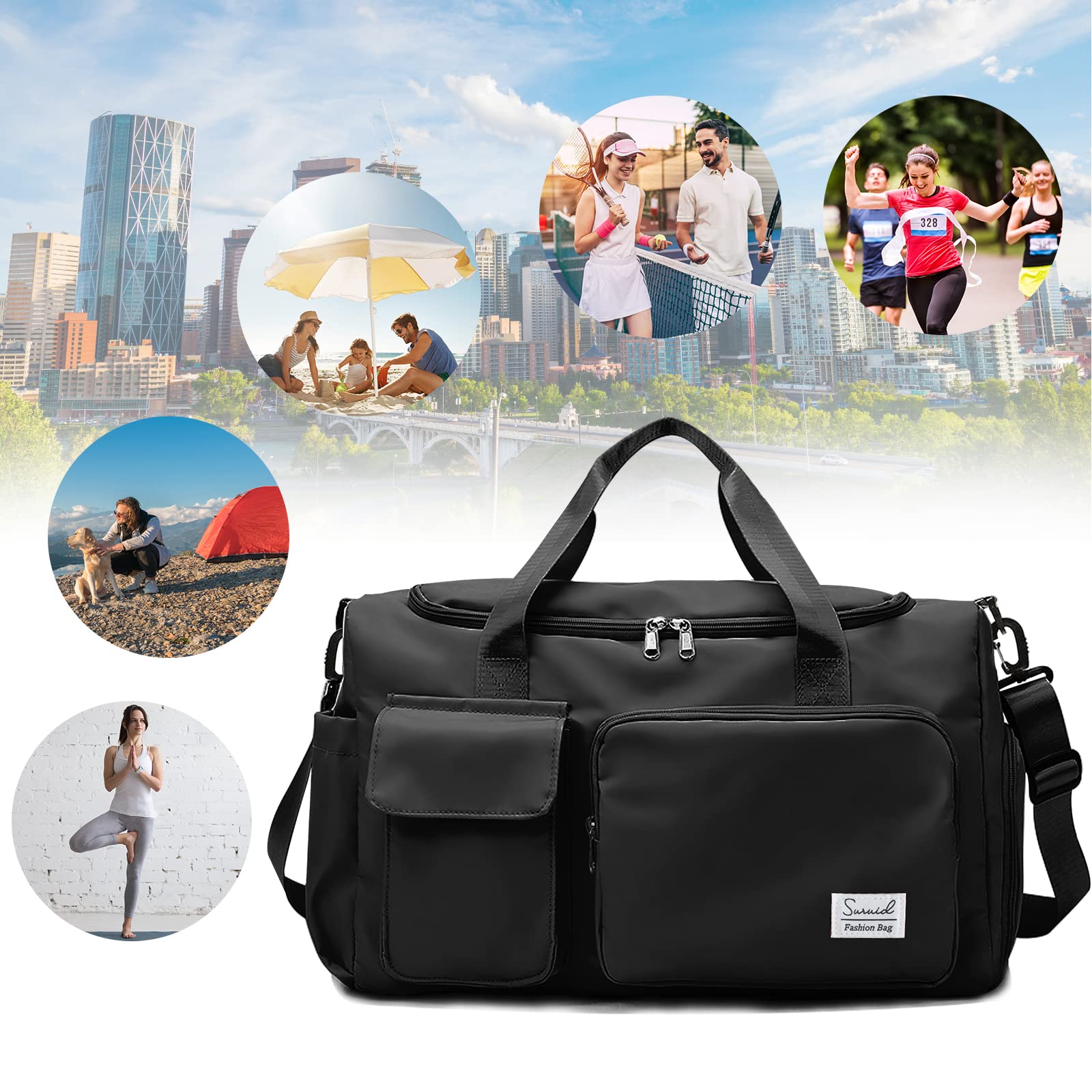 Suruid Sports Gym Bag with Shoes Compartment Travel Duffel Bag with Dry Wet Separated Pocket for Men and Women, Overnight Bag Weekender Bag Training Handbag Yoga Bag - Black