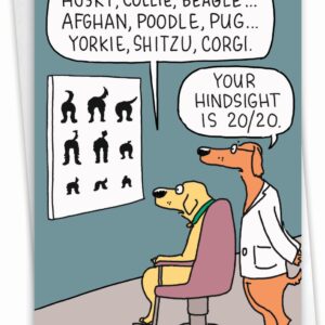 NobleWorks - 1 Funny Pet Birthday Card - Colorful Cartoon Animal Puppy Jokes, Bday Notecard for Him, Her - Dog Eye Exam C2435BDG