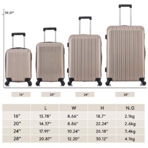 Fridtrip 4 Piece Luggage Sets Hard Shell Lightweight ABS Luggage Suitcase with Durable Spinner Wheels 16" 20" 24" 28" (Champagne Gold)