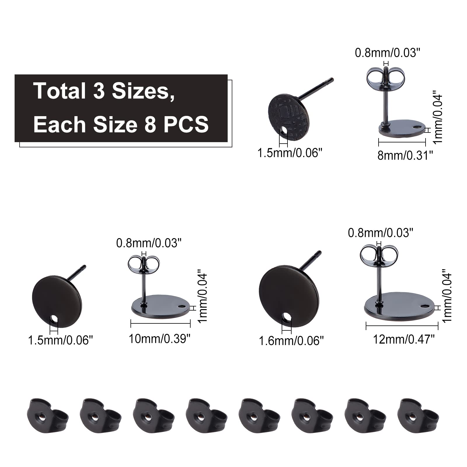 UNICRAFTALE 24pcs 3 Sizes Stainless Steel Stud Earring Flat Round Earrings Posts Black Ear Stud with Loop and Ear Nuts Metal Earrings Stud for Earring Jewelry Making