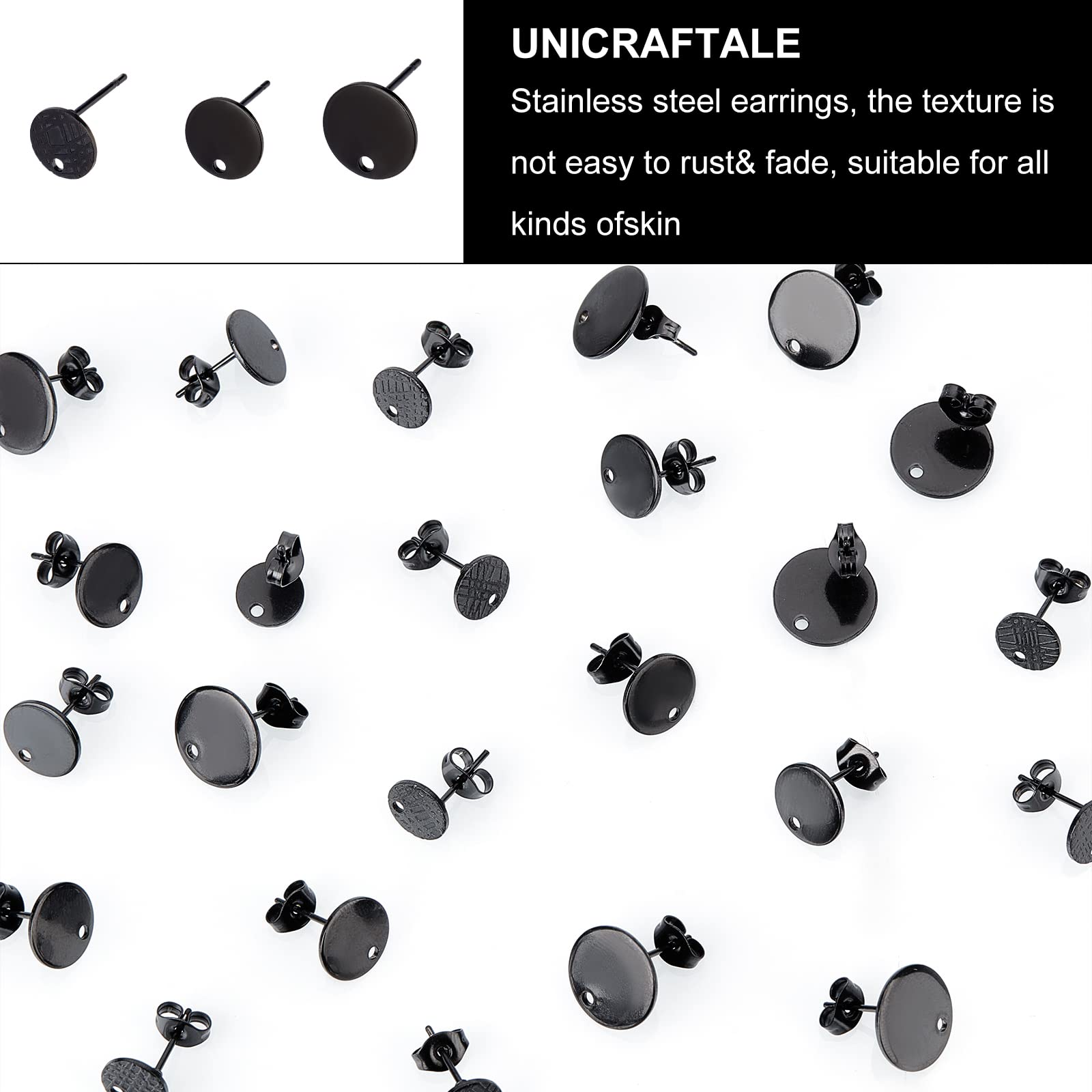 UNICRAFTALE 24pcs 3 Sizes Stainless Steel Stud Earring Flat Round Earrings Posts Black Ear Stud with Loop and Ear Nuts Metal Earrings Stud for Earring Jewelry Making