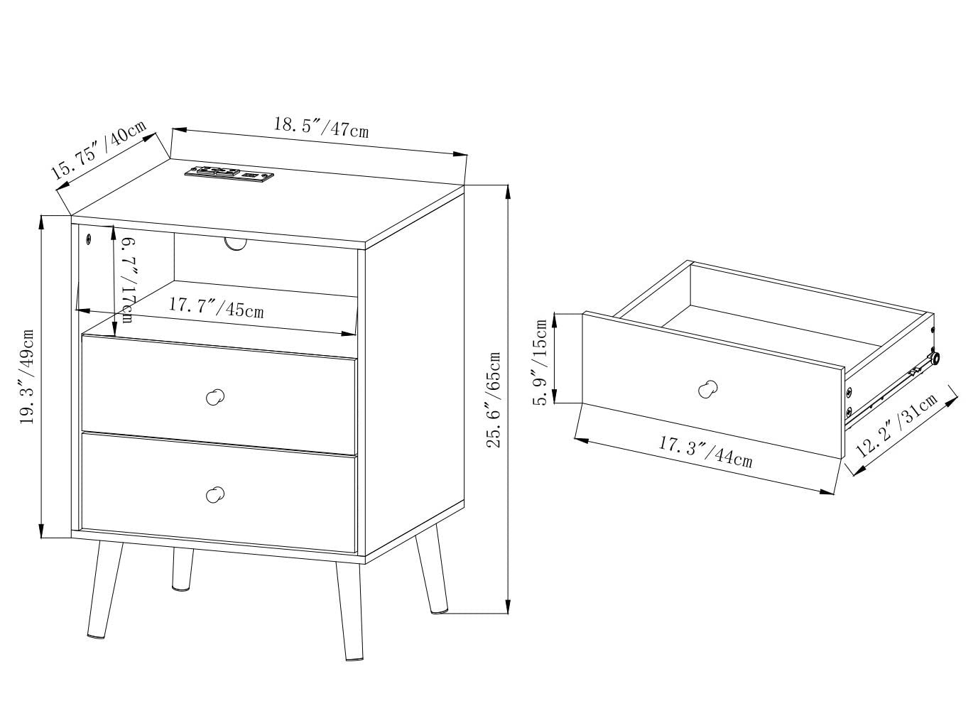 OBRICOL Night Stand,Charging Station Side Table, Functional End Table for Bedroom,Living Room (Grey)