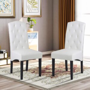 merax dining chair set of 2, dining room chairs, pu padded side chairs with solid wood legs, nailed trim (white, set of 2)