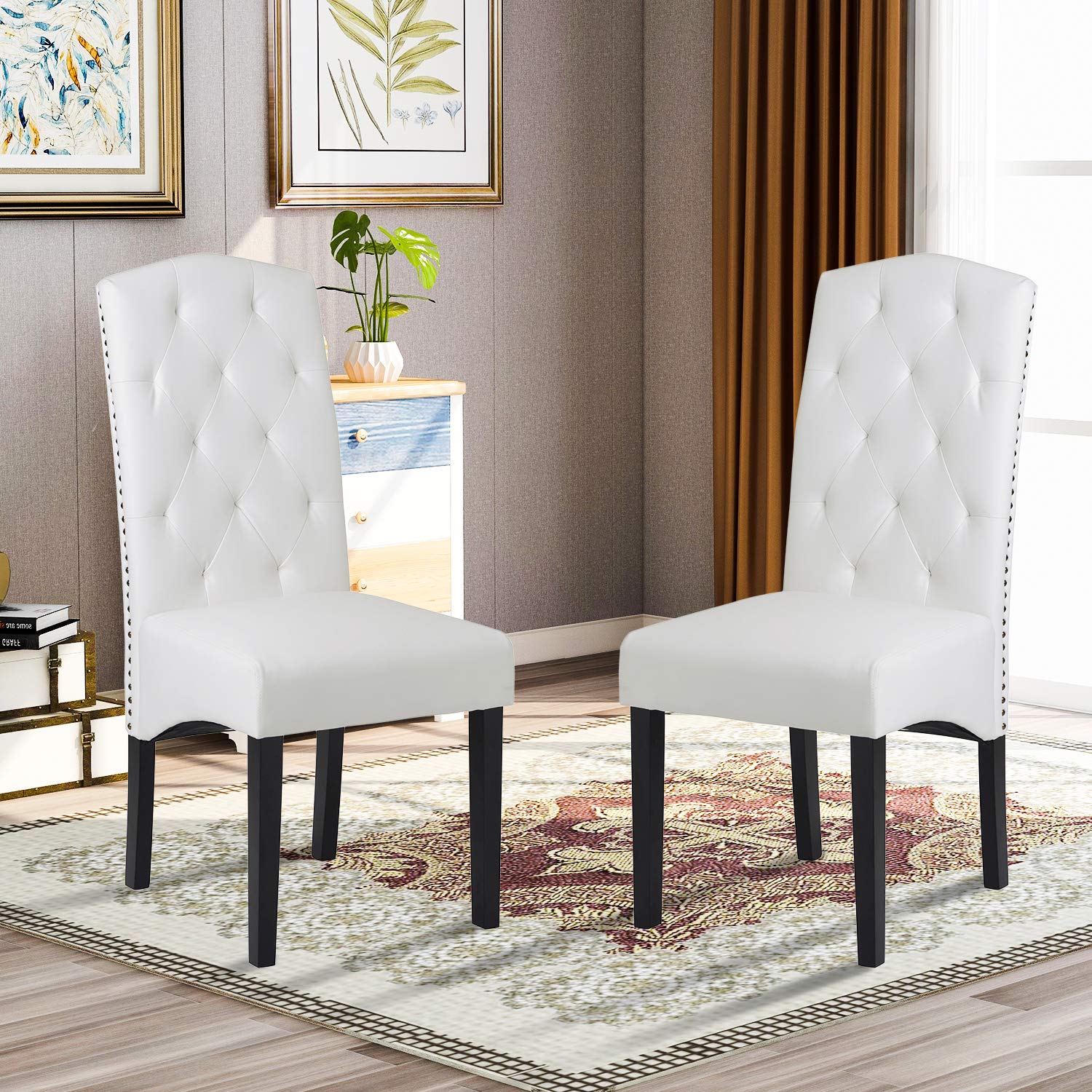 Merax Dining Chair Set of 2, Dining Room Chairs, PU Padded Side Chairs with Solid Wood Legs, Nailed Trim (White, Set of 2)