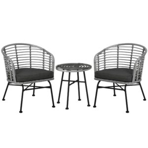 outsunny 3 piece patio bistro set, pe rattan outdoor furniture with cushioned barrel chairs & glass coffee table, conversation set for porch, backyard, apartment, balcony, mixed gray