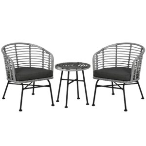 Outsunny 3 Piece Patio Bistro Set, PE Rattan Outdoor Furniture with Cushioned Barrel Chairs & Glass Coffee Table, Conversation Set for Porch, Backyard, Apartment, Balcony, Mixed Gray