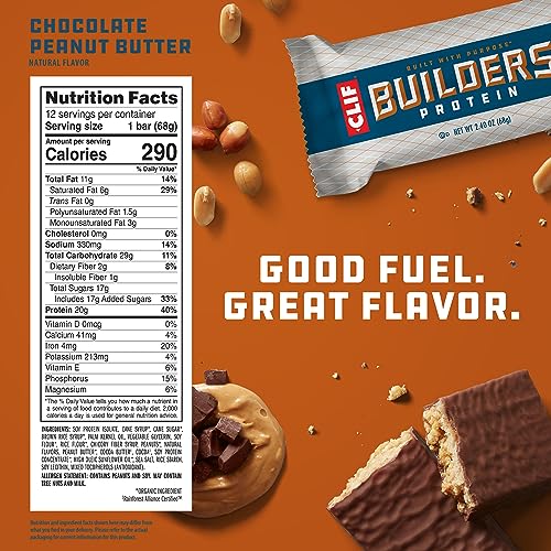 CLIF Builders - Chocolate Peanut Butter Flavor - Protein Bars - Gluten-Free - Non-GMO - Low Glycemic - 20g Protein - 2.4 oz. (12 Pack)