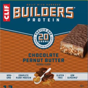 CLIF Builders - Chocolate Peanut Butter Flavor - Protein Bars - Gluten-Free - Non-GMO - Low Glycemic - 20g Protein - 2.4 oz. (12 Pack)