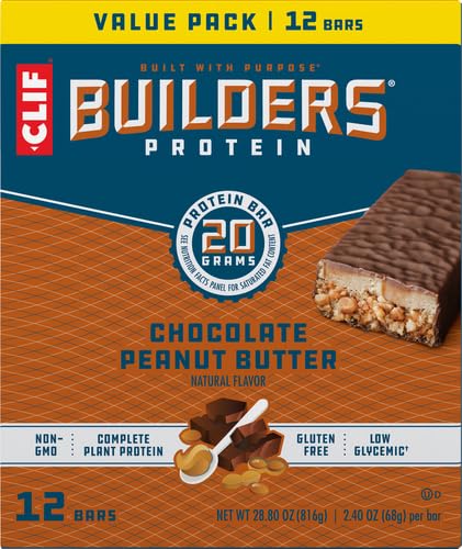 CLIF Builders - Chocolate Peanut Butter Flavor - Protein Bars - Gluten-Free - Non-GMO - Low Glycemic - 20g Protein - 2.4 oz. (12 Pack)