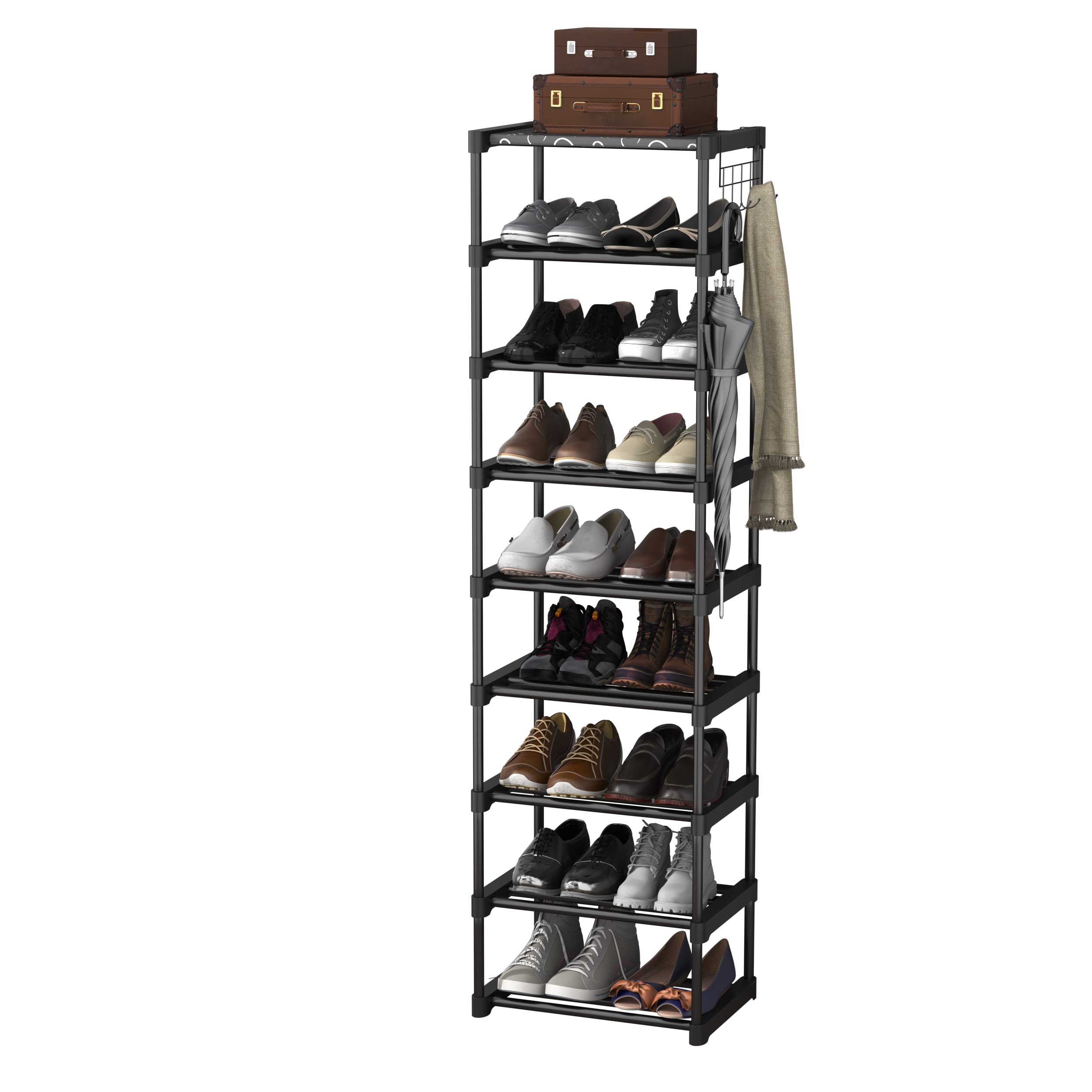 GREATSK 9 Tiers Shoe Rack 20-25 Pairs Sturdy Shoe Shelf, with Side Hooks, Shoe Rack for Entryway, Free Standing Shoe Racks, Metal Shoe Rack, Show Rack, Shoe Organizer, Shoe Rack for Closet