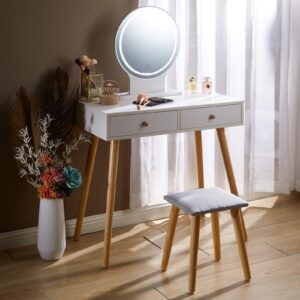 LUXFURNI Vanity Desk with Lighted Mirror, Makeup Vanity Table Set, Adjustable Brightness, Large Drawer Sturdy Wood, Soft Chair Dresser Desk for Bedroom (White, 32x16x44.5H)