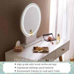 LUXFURNI Vanity Desk with Lighted Mirror, Makeup Vanity Table Set, Adjustable Brightness, Large Drawer Sturdy Wood, Soft Chair Dresser Desk for Bedroom (White, 32x16x44.5H)