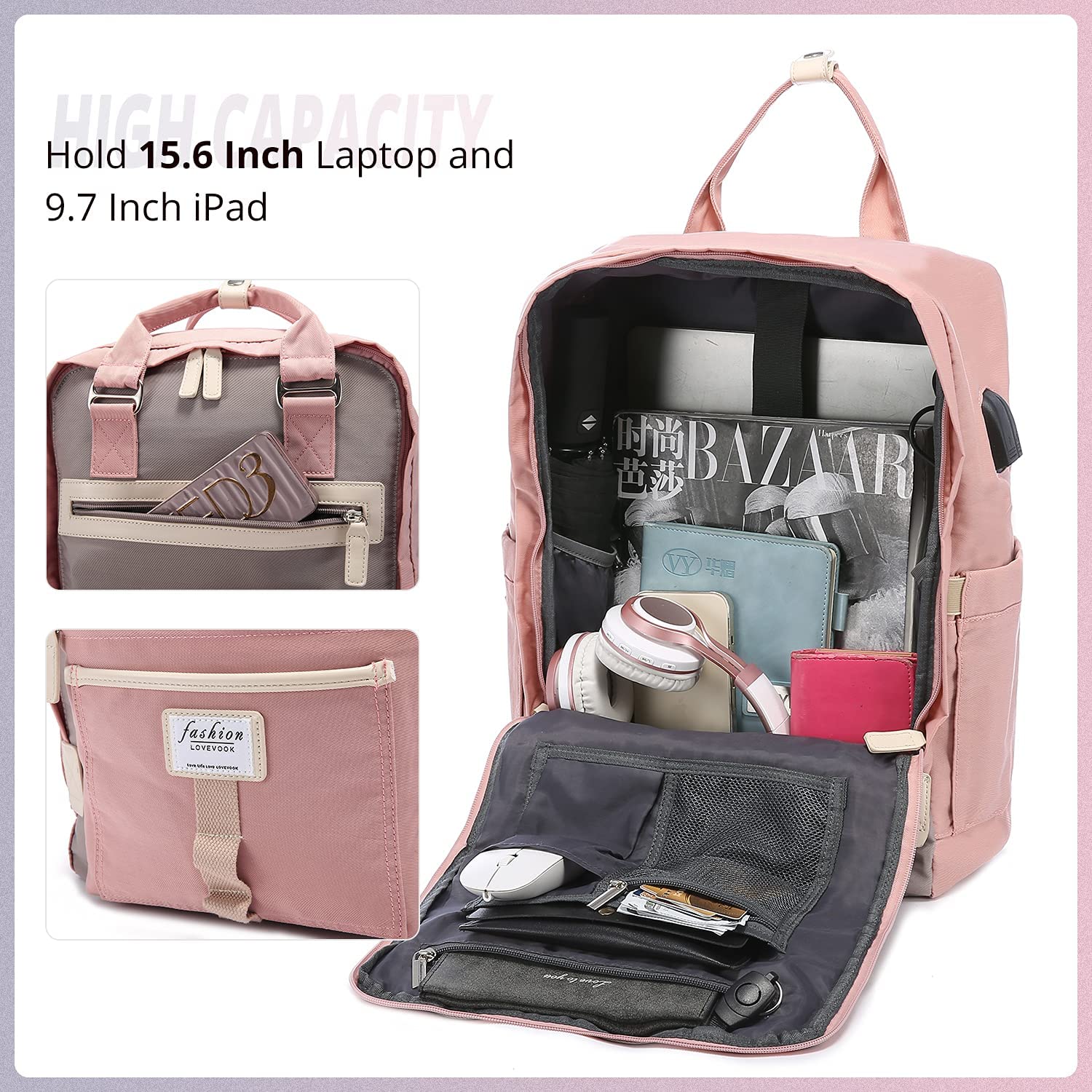 LOVEVOOK Laptop Backpack for Women Waterproof Travel Backpack Cute Backpack with USB Charging Port 14 Inch, Pink