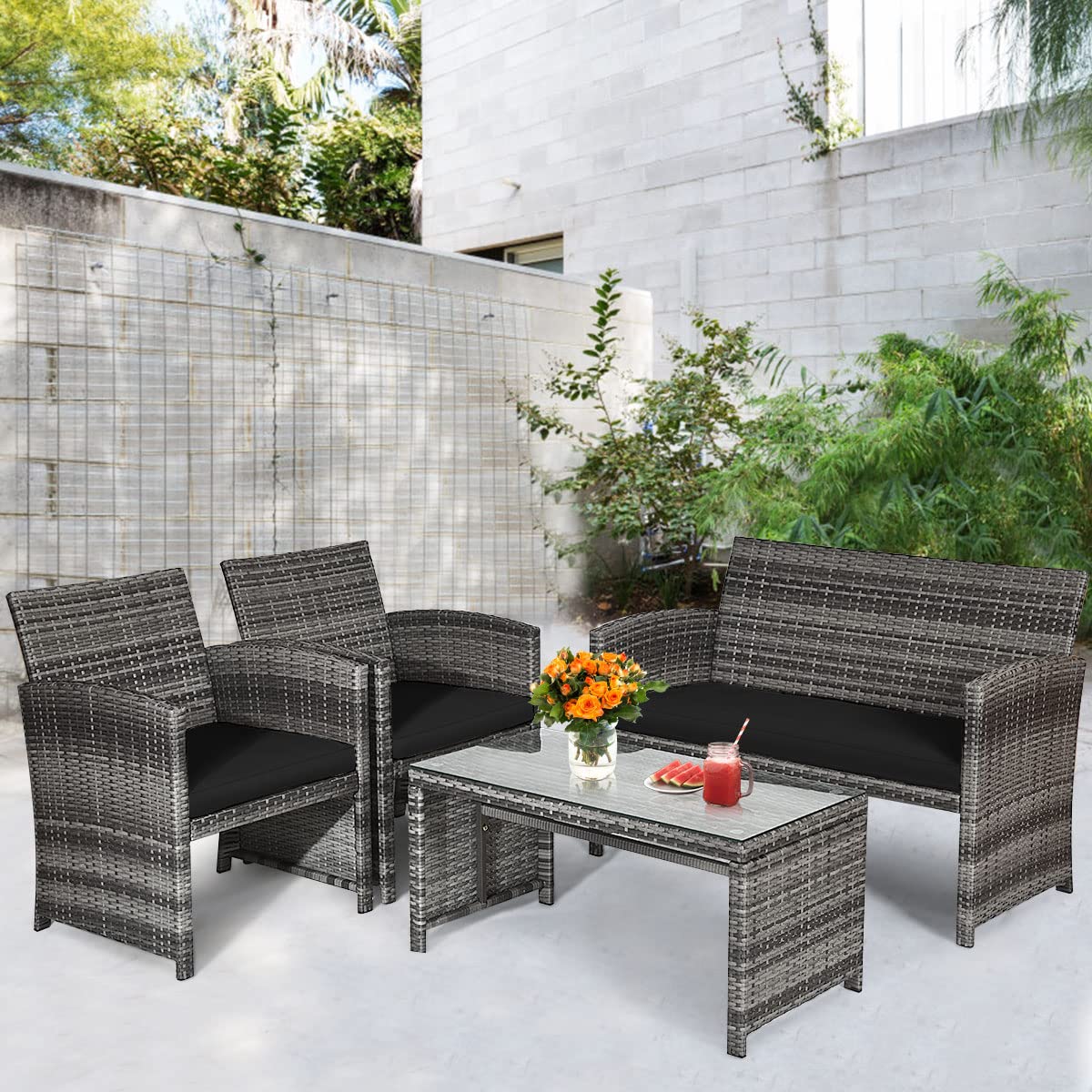 HAPPYGRILL 4 PCS Patio Conversation Set with Soft Cushions Rattan Furniture Set with PE Wicker Coffee Table & Sofa Chairs for Garden Poolside Porch Backyard