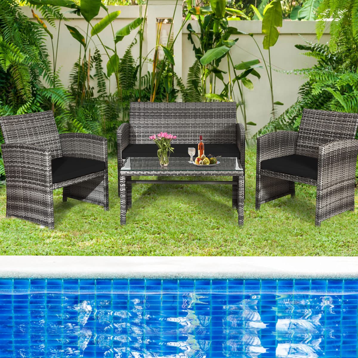 HAPPYGRILL 4 PCS Patio Conversation Set with Soft Cushions Rattan Furniture Set with PE Wicker Coffee Table & Sofa Chairs for Garden Poolside Porch Backyard